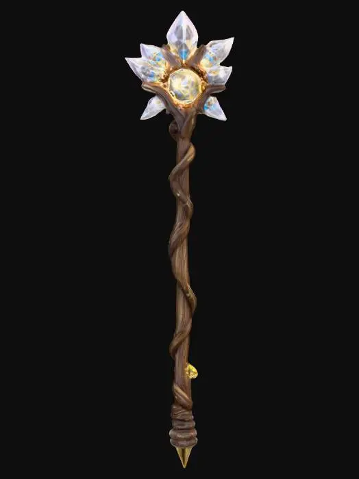 3D model for Mystic mage staff, twisted wood intertwined with glowing crystal shards, golden bindings, runes pulsing with arcane energy, PBR wood grain, semi-transparent crystal and metallic luster, #PBR#