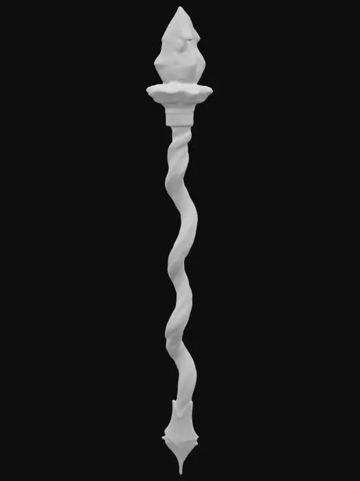 3D model for Mystic mage staff, twisted wood intertwined with glowing crystal shards, golden bindings, runes pulsing with arcane energy, PBR wood grain, semi-transparent crystal and metallic luster, #PBR#