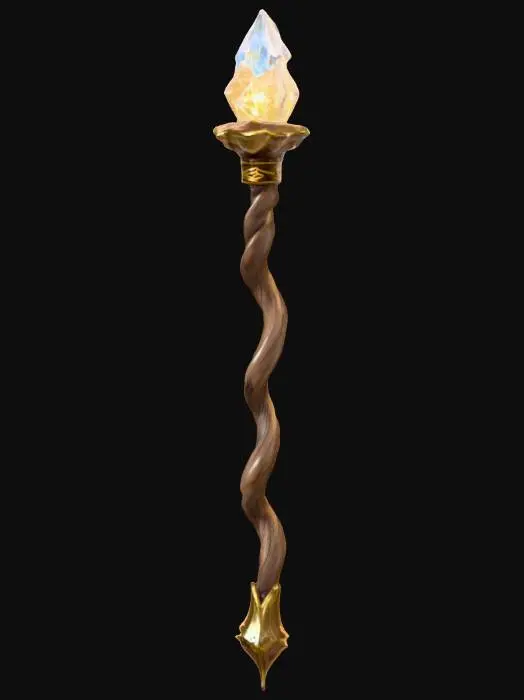 3D model for Mystic mage staff, twisted wood intertwined with glowing crystal shards, golden bindings, runes pulsing with arcane energy, PBR wood grain, semi-transparent crystal and metallic luster, #PBR#