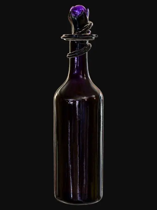 3D model for A shadow elixir, an opaque black oily liquid that effectively absorbs all light, housed within a twisted, dark glass bottle. The bottle is sealed with an obsidian stopper, and a faint purple aura subtly emanates from the dark liquid. PBR rendering emphasizes the reflective glass, the viscous detail of the liquid, and its subtle, eerie emissive glow.#PBR#