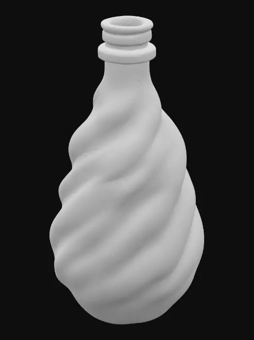 3D model for A shadow elixir, an opaque black oily liquid that effectively absorbs all light, housed within a twisted, dark glass bottle. The bottle is sealed with an obsidian stopper, and a faint purple aura subtly emanates from the dark liquid. PBR rendering emphasizes the reflective glass, the viscous detail of the liquid, and its subtle, eerie emissive glow.#PBR#