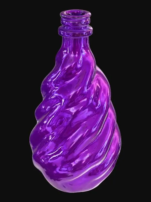3D model for A shadow elixir, an opaque black oily liquid that effectively absorbs all light, housed within a twisted, dark glass bottle. The bottle is sealed with an obsidian stopper, and a faint purple aura subtly emanates from the dark liquid. PBR rendering emphasizes the reflective glass, the viscous detail of the liquid, and its subtle, eerie emissive glow.#PBR#