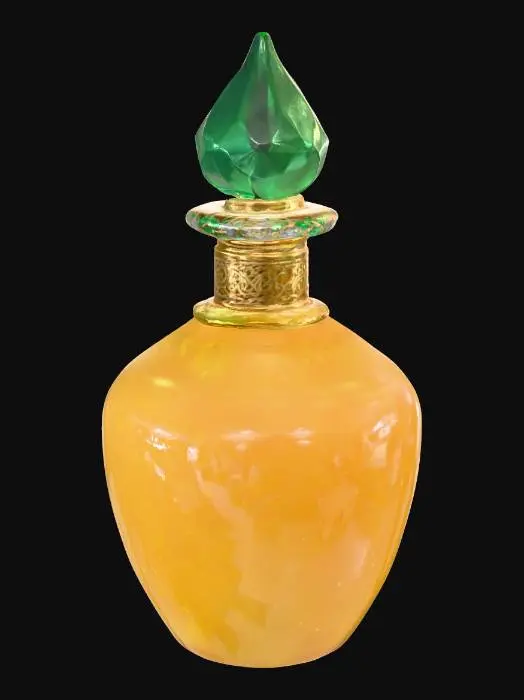 3D model for A luck potion, a shimmering golden liquid with delicate floating sparkles, contained within an ornate crystal vial. The vial is capped with a vibrant emerald and wrapped with intricate braided golden chains. PBR rendering highlights the crystal's clarity, the metallic shine of the gold, and the magical shimmer of the liquid, creating a luxurious, sparkling appearance. #PBR#