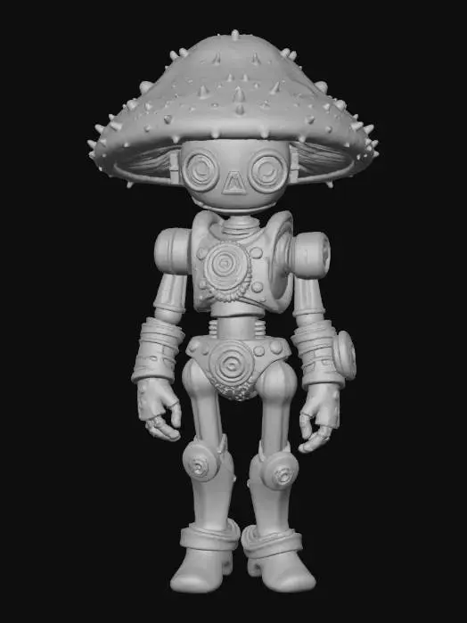 3D model for #Halloween2025# An ornate, steampunk-inspired mushroom automaton, crafted from polished dark wood and gleaming brass, with glowing red mushroom caps for eyes, standing guard over a hidden magical garden.