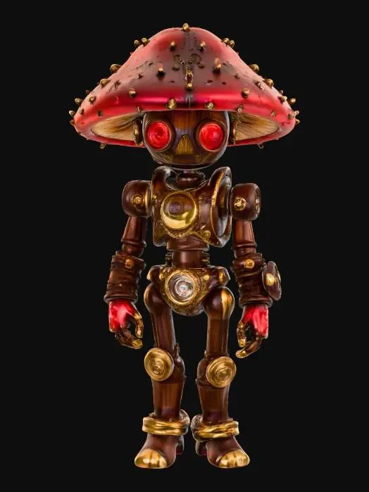 3D model for #Halloween2025# An ornate, steampunk-inspired mushroom automaton, crafted from polished dark wood and gleaming brass, with glowing red mushroom caps for eyes, standing guard over a hidden magical garden.