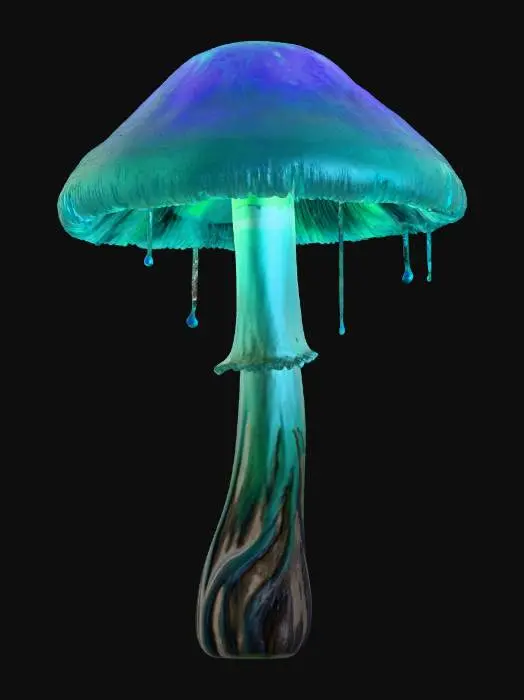 3D model for #Halloween2025# A spectral, floating mushroom lantern, its cap a translucent, glowing blue-green bioluminescent fungus, housing a flickering will-o'-the-wisp. The stem is made of twisted, dark roots, entwined with ethereal, shimmering cobwebs.