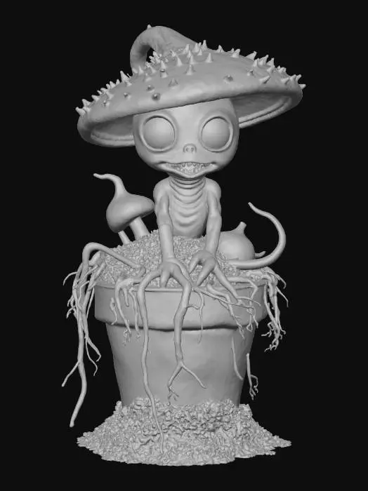 3D model for #Halloween2025# A mischievous, animated mandrake root with a mushroom cap for a head, its eyes glowing with a wicked green light, attempting to escape from a clay pot filled with dark soil and moss.