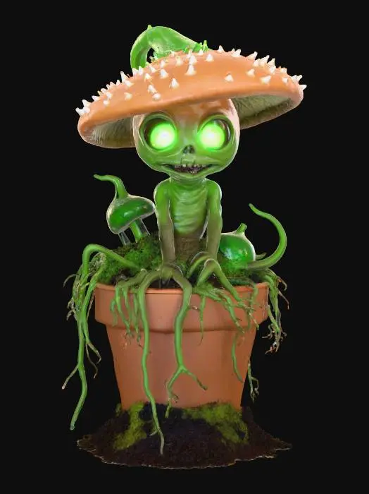 3D model for #Halloween2025# A mischievous, animated mandrake root with a mushroom cap for a head, its eyes glowing with a wicked green light, attempting to escape from a clay pot filled with dark soil and moss.