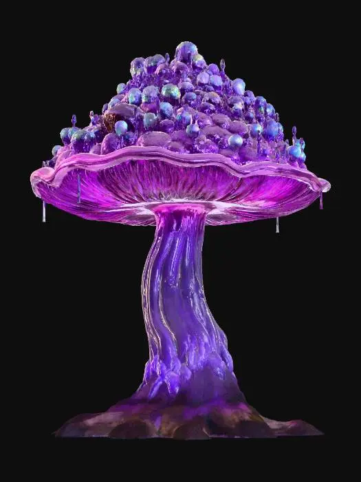 3D model for #Halloween2025# A staff crowned with a giant, iridescent purple amethyst mushroom cluster, its crystalline gills radiating faint magical energy, held by a shadowy figure in a moonlit forest.