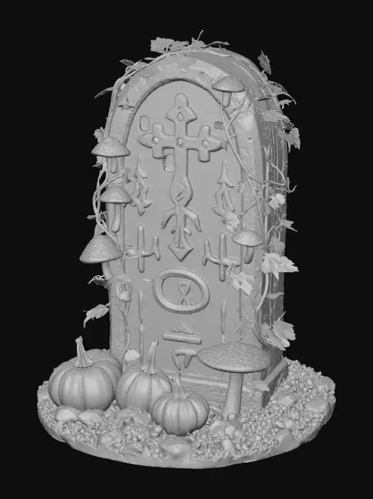 3D model for #Halloween2025# An ancient, rune-carved stone tablet, entwined with pumpkin vines bearing fist-sized pumpkins. Next to each pumpkin grows a cluster of small, vividly colored magic mushrooms, seemingly guarding a profound, arcane secret.
