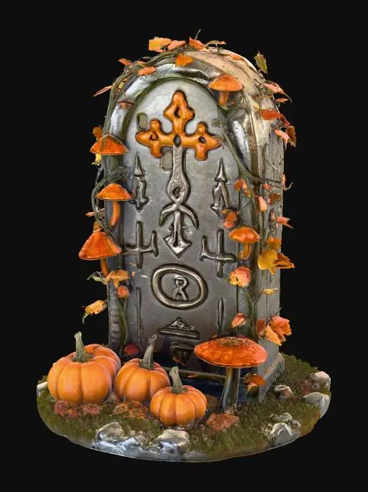 3D model for #Halloween2025# An ancient, rune-carved stone tablet, entwined with pumpkin vines bearing fist-sized pumpkins. Next to each pumpkin grows a cluster of small, vividly colored magic mushrooms, seemingly guarding a profound, arcane secret.
