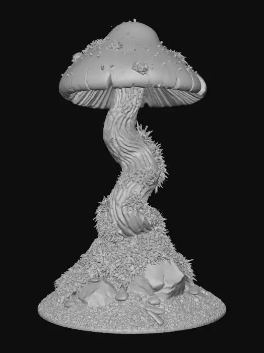 3D model for #Halloween2025#, An ancient, moss-covered mushroom sprite, with a broad, earthy brown cap thickly layered with vibrant green moss and tiny dew drops. Its sturdy, gnarled stem body is dark grey, resembling old bark, adorned with small, petrified lichen patches. The texture is rough and organic, like centuries-old forest floor. It carries an aura of quiet wisdom and deep connection to the woodland.