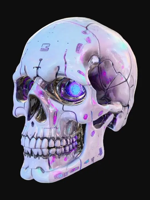 3D model for #Halloween2025# futuristic skull with neon circuits and holographic eyes, cyberpunk style, glowing blue and magenta lights, PBR material
