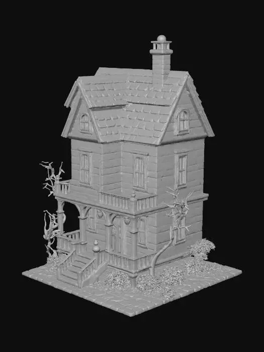 3D model for #Halloween2025# neon haunted house miniature, holographic lights, metallic panels, cyberpunk details, PBR material