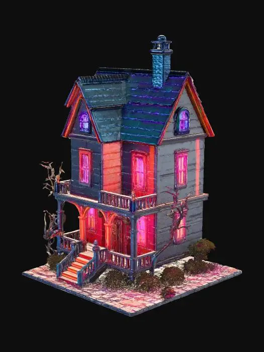 3D model for #Halloween2025# neon haunted house miniature, holographic lights, metallic panels, cyberpunk details, PBR material