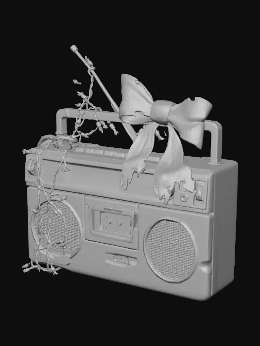 3D model for #Christmas2025# A vintage boombox, retrofitted with flickering Christmas lights and topped with a festive bow, plays distorted holiday tunes in a shadowy attic. The plastic casing is scratched and yellowed, adorned with stickers that peel at the edges. The lights are tangled around rusty antenna and wires, glowing with an intermittent, eerie red and blue pulse, illuminating dust motes dancing in the cold, still air.