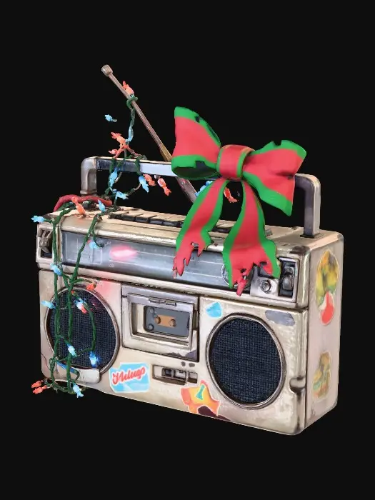 3D model for #Christmas2025# A vintage boombox, retrofitted with flickering Christmas lights and topped with a festive bow, plays distorted holiday tunes in a shadowy attic. The plastic casing is scratched and yellowed, adorned with stickers that peel at the edges. The lights are tangled around rusty antenna and wires, glowing with an intermittent, eerie red and blue pulse, illuminating dust motes dancing in the cold, still air.