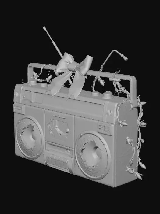 3D model for #Christmas2025# A vintage boombox, retrofitted with flickering Christmas lights and topped with a festive bow, plays distorted holiday tunes in a shadowy attic. The plastic casing is scratched and yellowed, adorned with stickers that peel at the edges. The lights are tangled around rusty antenna and wires, glowing with an intermittent, eerie red and blue pulse, illuminating dust motes dancing in the cold, still air.