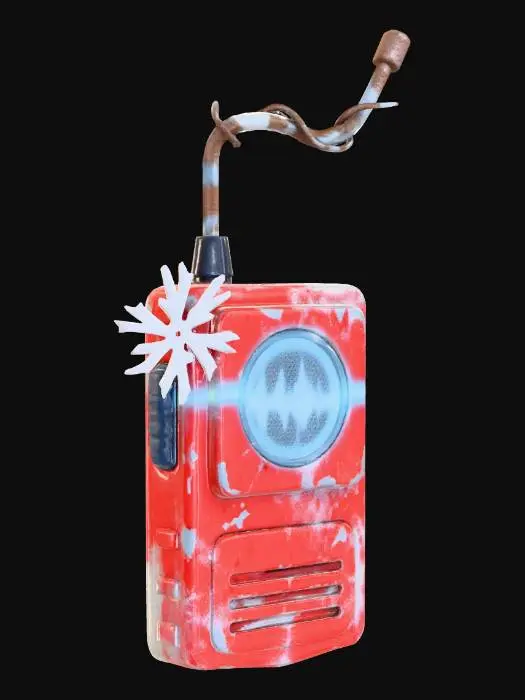 3D model for #Christmas2025# A child's forgotten walkie-talkie, a crucial tool for communication, now lies partially buried in a snowdrift, adorned with a tiny, fragile paper snowflake. Its red plastic casing is weathered and chipped, flecked with icy crystals. A single, weak static hum emanates from its speaker, occasionally punctuated by whispers of distorted Christmas carols, the antenna bent and rusted, almost resembling a tiny, metallic tree.
