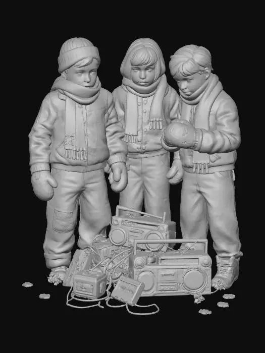 3D model for #Christmas2025# A trio of children, dressed in mismatched 80s winter attire—thick corduroy jackets, faded denim, and brightly colored scarves—brave a snowstorm. Their faces are pale, reflecting the faint glow of a makeshift Christmas beacon: a cluster of old cassette players and boomboxes wired together, emitting distorted carols mixed with strange, low-frequency hums. The snow has an unnatural metallic sheen, sticking to their worn woolen gloves.