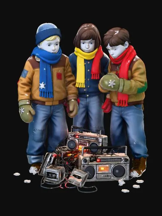 3D model for #Christmas2025# A trio of children, dressed in mismatched 80s winter attire—thick corduroy jackets, faded denim, and brightly colored scarves—brave a snowstorm. Their faces are pale, reflecting the faint glow of a makeshift Christmas beacon: a cluster of old cassette players and boomboxes wired together, emitting distorted carols mixed with strange, low-frequency hums. The snow has an unnatural metallic sheen, sticking to their worn woolen gloves.