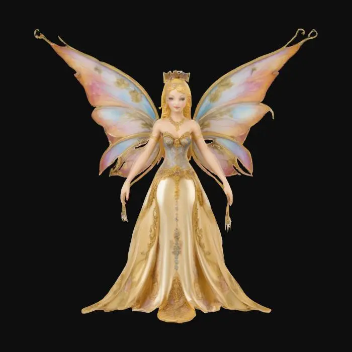 3D model for A fairy adorned in elaborate, ornate clothing, surrounded by luxurious gold accents, velvet drapes, and a grand, opulent interior., #fairy#