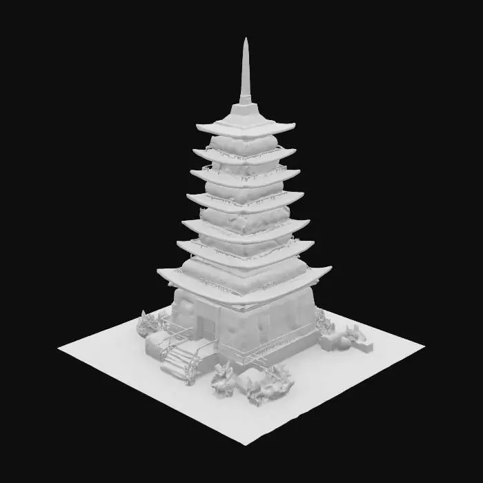 3D model for [Japan] A pagoda-style sushi tower rising from Mount Fuji, Japan — each level made of nigiri, sashimi, and rice blocks, with cherry blossom petals floating around — #AroundTheWorld#