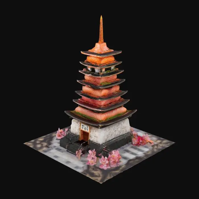 3D model for [Japan] A pagoda-style sushi tower rising from Mount Fuji, Japan — each level made of nigiri, sashimi, and rice blocks, with cherry blossom petals floating around — #AroundTheWorld#