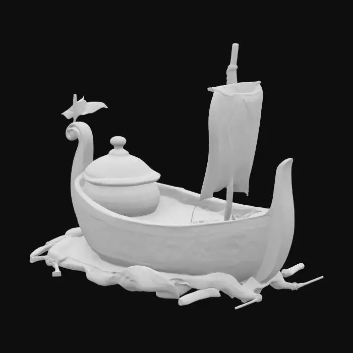 3D model for [Morocco] A Moroccan tagine pot morphing into a Viking longboat, spices trailing like sails, sailing over a saffron-colored sea — fusion of Marrakech and Oslo — #AroundTheWorld#