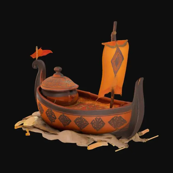 3D model for [Morocco] A Moroccan tagine pot morphing into a Viking longboat, spices trailing like sails, sailing over a saffron-colored sea — fusion of Marrakech and Oslo — #AroundTheWorld#