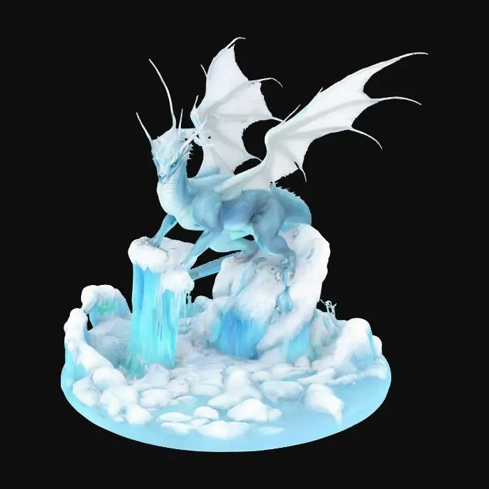 3D model for [Greenland] An ethereal ice dragon, translucent wings trailing snow flurries, coiling around a floating glacier fortress — high fantasy illustration #AroundTheWorld#