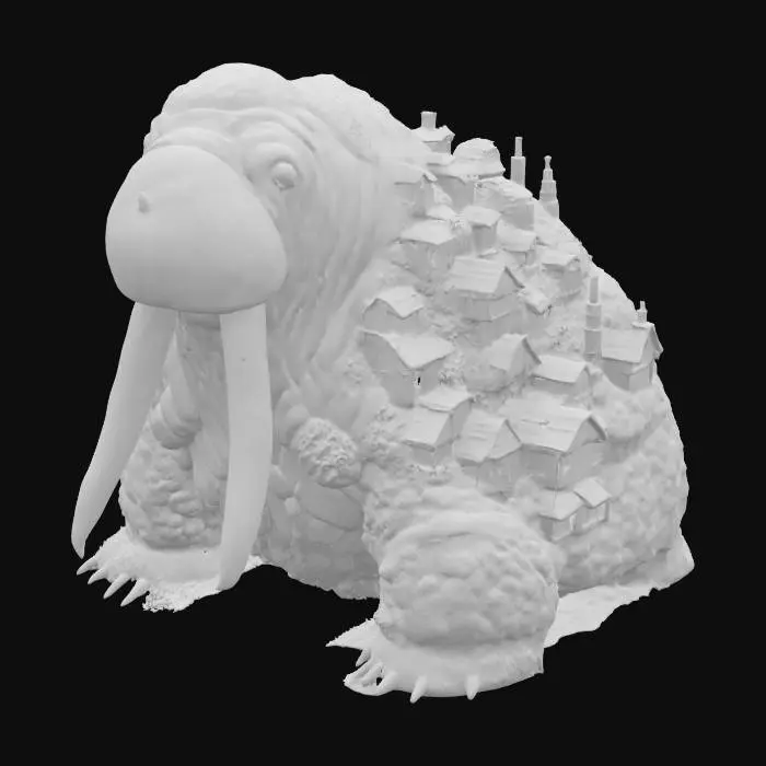 3D model for [Greenland] A massive moss-covered walrus titan, so ancient that an entire village is built upon its back — magical realism style #AroundTheWorld#