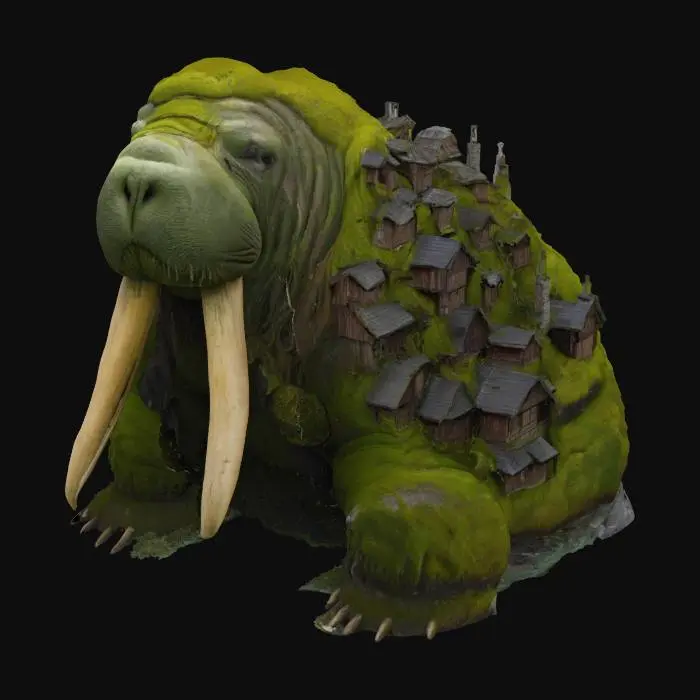 3D model for [Greenland] A massive moss-covered walrus titan, so ancient that an entire village is built upon its back — magical realism style #AroundTheWorld#