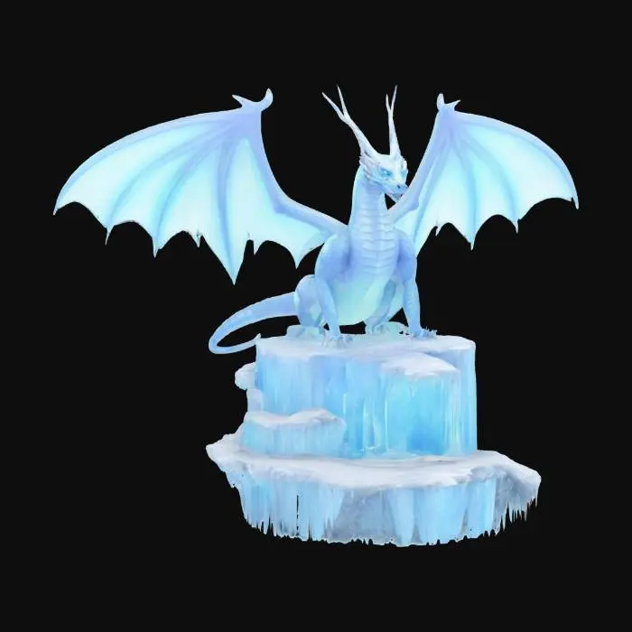 3D model for [Greenland] An ethereal ice dragon, translucent wings trailing snow flurries, coiling around a floating glacier fortress — high fantasy illustration #AroundTheWorld#