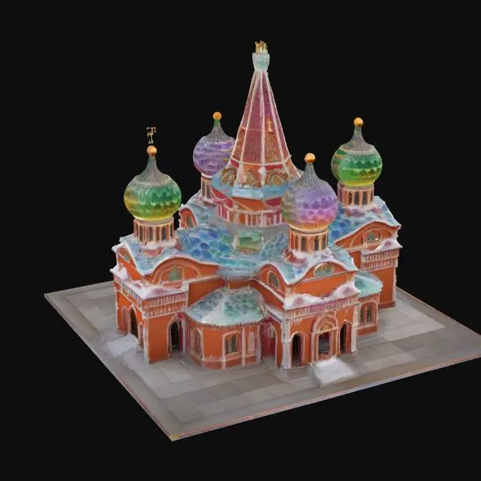 3D model for [Russia] A traditional onion dome cathedral entirely sculpted from vibrant, multicolored crystals, sparkling under the northern sun, intricate icy details on the spires #AroundTheWorld#