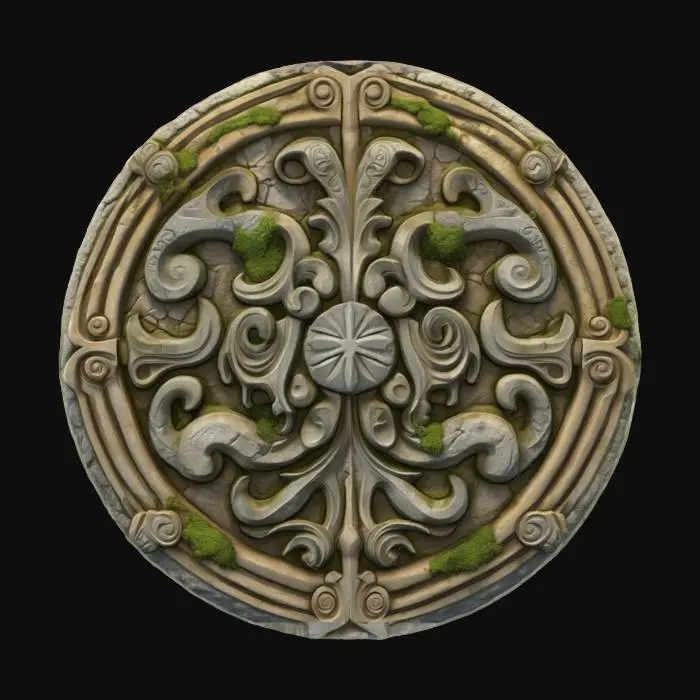 3D model for #emblem# ancient stone-carved 3D emblem with moss and weathered textures, highly detailed, medieval style