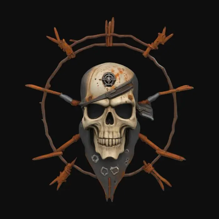 3D model for #emblem# post-apocalyptic 3D emblem with rust, bullet holes, and survival gear motifs
