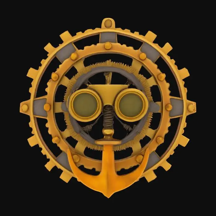 3D model for #emblem# vintage 3D emblem for a steampunk airship crew, gears, brass, and goggles theme