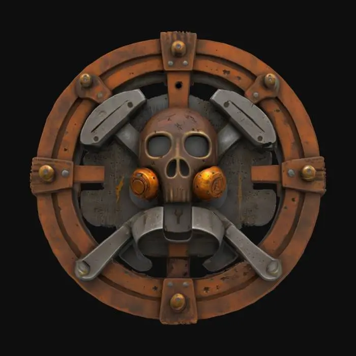 3D model for #emblem# post-apocalyptic 3D emblem with rust, bullet holes, and survival gear motifs