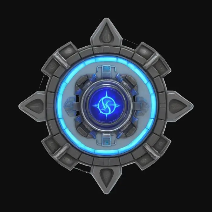 3D model for #emblem# a sci-fi 3D faction emblem with plasma core, floating parts, and alien script engravings