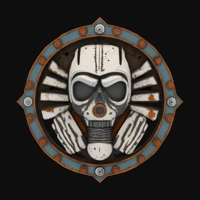 3D model for #emblem# post-apocalyptic 3D emblem with rust, bullet holes, and survival gear motifs