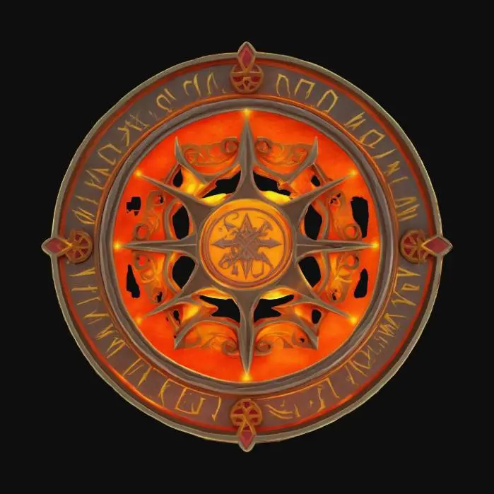 3D model for #emblem# 3D emblem design for a magical academy, arcane runes and glowing inscriptions around a central sigil