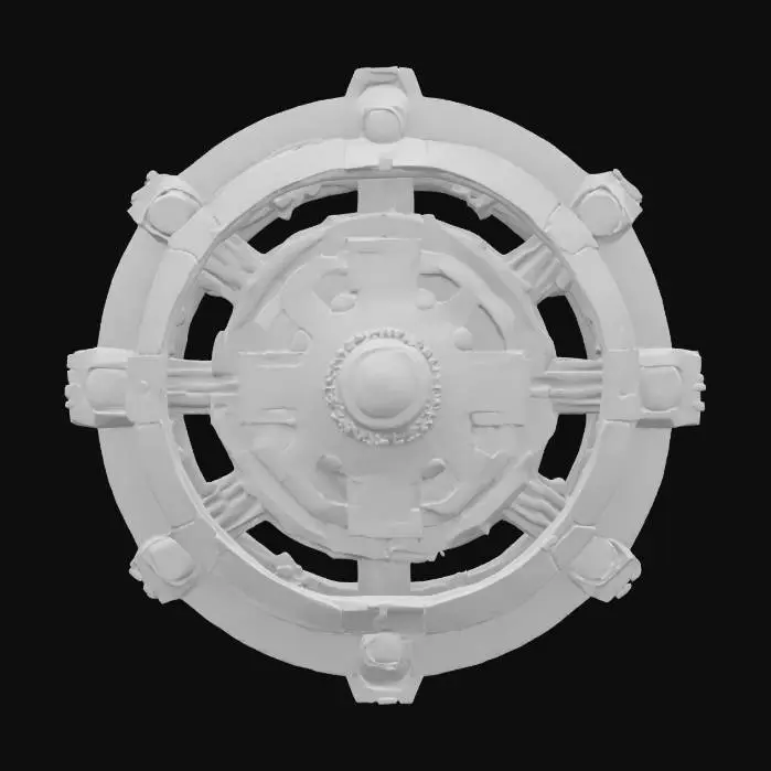 3D model for #emblem# a sci-fi 3D faction emblem with plasma core, floating parts, and alien script engravings