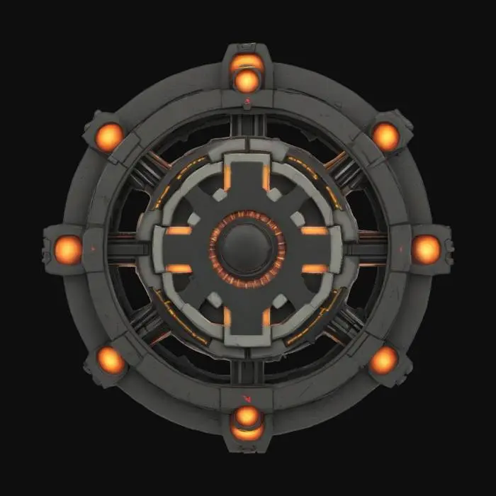 3D model for #emblem# a sci-fi 3D faction emblem with plasma core, floating parts, and alien script engravings