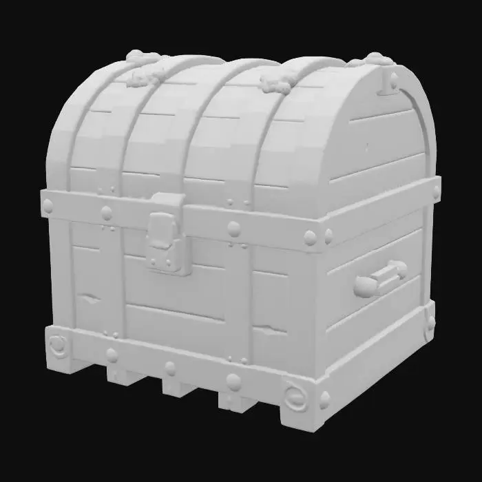 3D model for A stylized treasure chest, crafted from dark, weathered wood with visible grain and sturdy iron banding. Its rounded lid is heavily encrusted with rough, off-white barnacles and clumps of damp, slimy sea moss that cling to its surfaces. The metallic hardware, including the rusted lock and hinges, contrasts with the organic textures of the marine growth. #ocean#