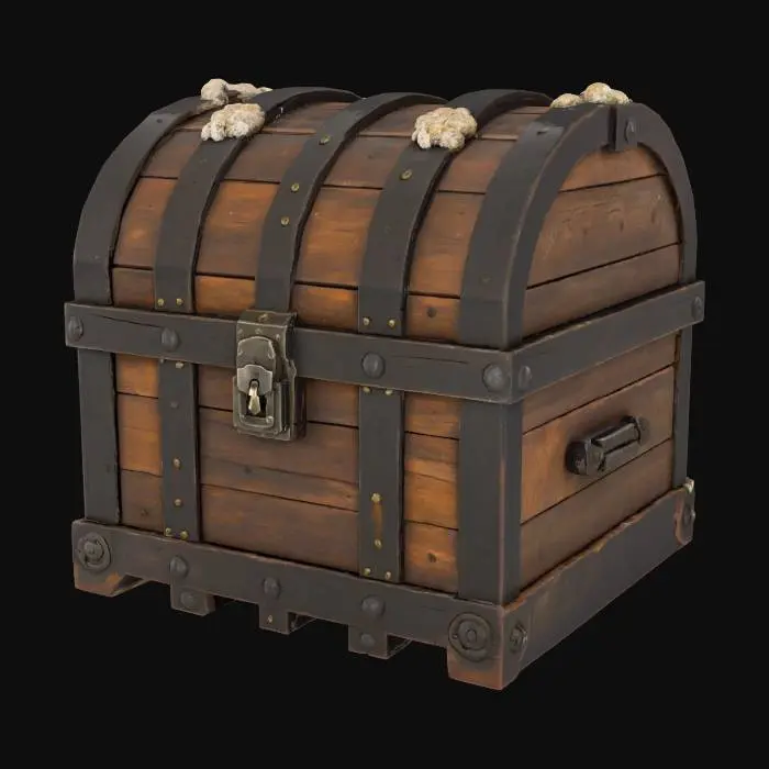 3D model for A stylized treasure chest, crafted from dark, weathered wood with visible grain and sturdy iron banding. Its rounded lid is heavily encrusted with rough, off-white barnacles and clumps of damp, slimy sea moss that cling to its surfaces. The metallic hardware, including the rusted lock and hinges, contrasts with the organic textures of the marine growth. #ocean#