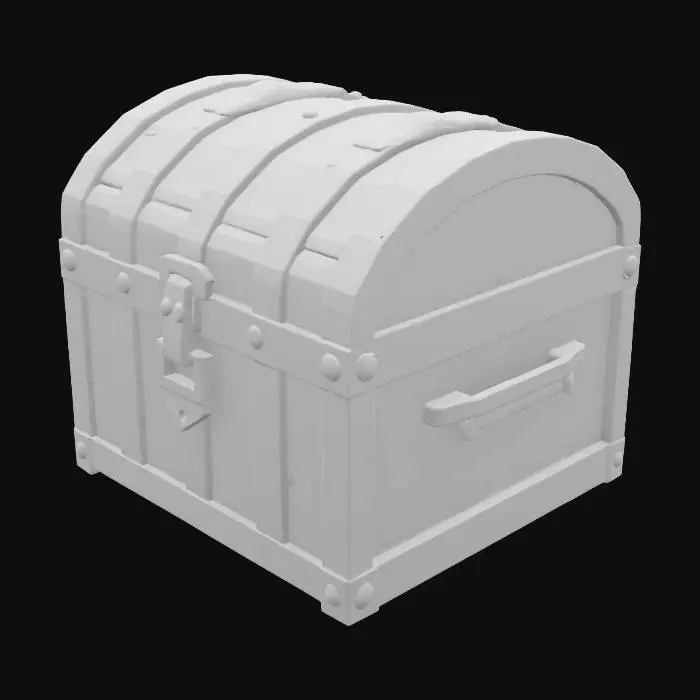 3D model for A stylized treasure chest, crafted from dark, weathered wood with visible grain and sturdy iron banding. Its rounded lid is heavily encrusted with rough, off-white barnacles and clumps of damp, slimy sea moss that cling to its surfaces. The metallic hardware, including the rusted lock and hinges, contrasts with the organic textures of the marine growth. #ocean#