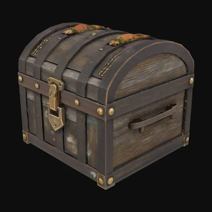 3D model for A stylized treasure chest, crafted from dark, weathered wood with visible grain and sturdy iron banding. Its rounded lid is heavily encrusted with rough, off-white barnacles and clumps of damp, slimy sea moss that cling to its surfaces. The metallic hardware, including the rusted lock and hinges, contrasts with the organic textures of the marine growth. #ocean#