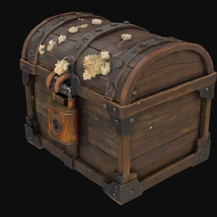 3D model for A stylized treasure chest, crafted from dark, weathered wood with visible grain and sturdy iron banding. Its rounded lid is heavily encrusted with rough, off-white barnacles and clumps of damp, slimy sea moss that cling to its surfaces. The metallic hardware, including the rusted lock and hinges, contrasts with the organic textures of the marine growth. #ocean#