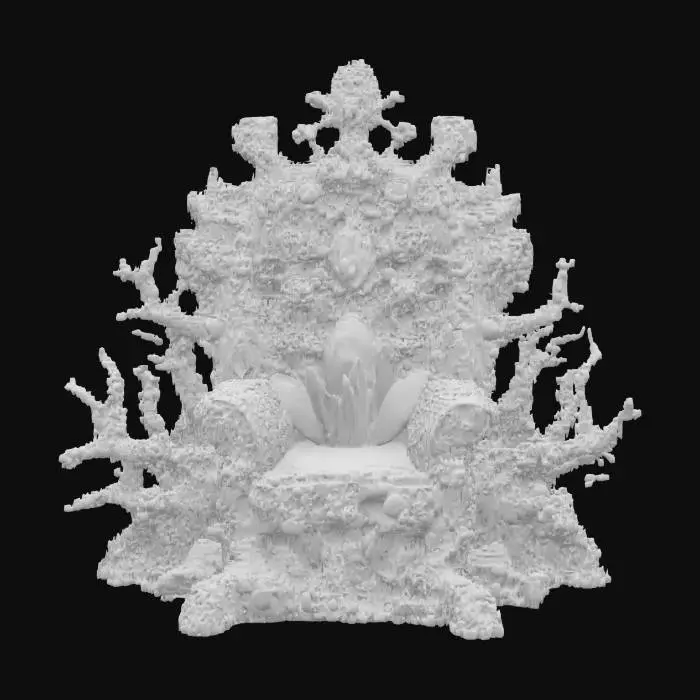 3D model for A fantasy throne intricately formed from gnarled, branching coral in vibrant reds and whites, interspersed with various pearlescent shells. Sharp, translucent sea crystals in shades of blue and green are embedded throughout, adding a magical sparkle. The coral is brittle and porous, the shells smooth and hard, and the crystals cool and sharp to the touch. #ocean#